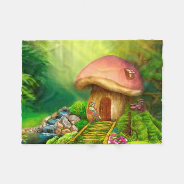 Fantasy mushroom cottage house fleece blanket (Front (Horizontal))