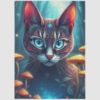 Fantasy Mushroom Forest Blue eyed Cat  Tissue Pape Paper