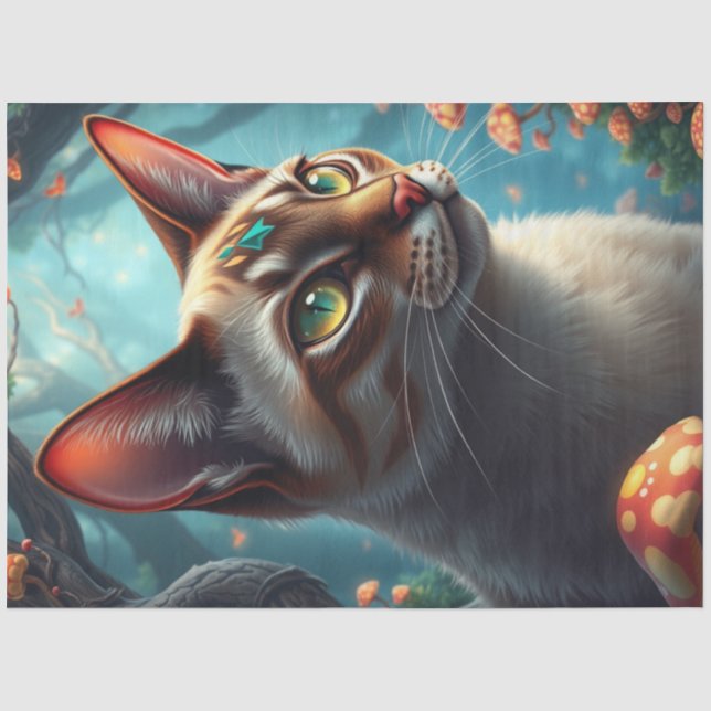 Fantasy Mushroom Forest Colorful Cat  Tissue Paper (Front)