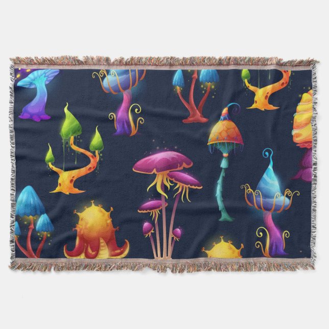 Fantasy Mushroom Forest Pattern – Colourful Magica Throw Blanket (Front)