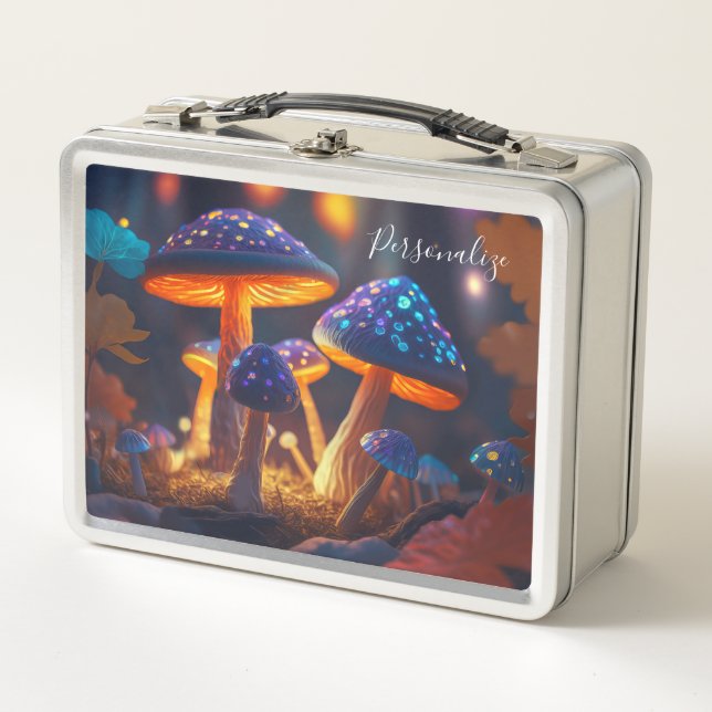 Fantasy Mushrooms Glow Magical Garden Personalised Metal Lunch Box (Front)