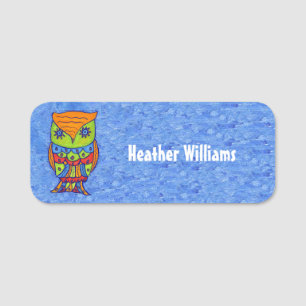 Fantasy Neon Coloured Owl Star Shaped Eyes on Blue Name Tag