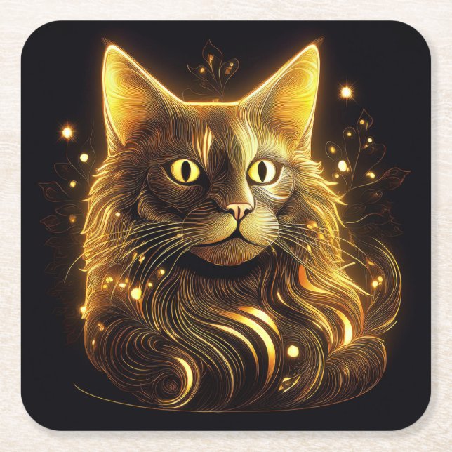 Fantasy Neon Gold Cat Square Paper Coaster (Front)