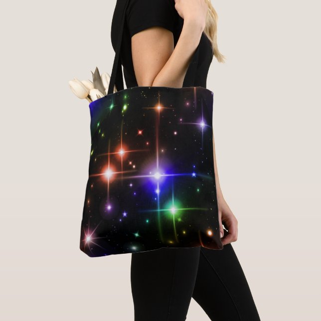 Fantasy Night Sky Colourful Sparkle Stars Black Tote Bag (Close Up)