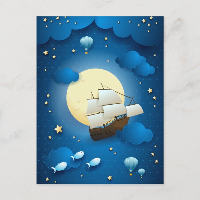 Fantasy Night with Flying Vessel Postcard (Front)