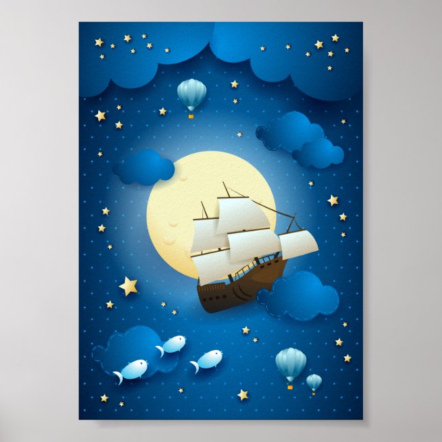 Fantasy Night with Flying Vessel Poster (Front)