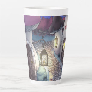 Fantasy Nighttime Mushroom Village Illustration Latte Mug
