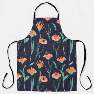 Fantasy Orange Flowers: Watercolor Dark Pattern. Apron