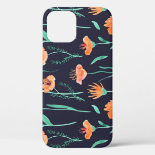 Fantasy Orange Flowers: Watercolor Dark Pattern. iPhone 12 Case