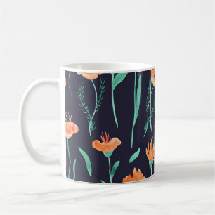 Fantasy Orange Flowers: Watercolor Dark Pattern. Coffee Mug