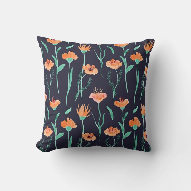 Fantasy Orange Flowers: Watercolor Dark Pattern. Cushion (Front)