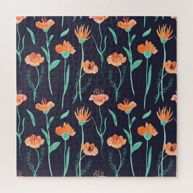Fantasy Orange Flowers: Watercolor Dark Pattern. Jigsaw Puzzle (Vertical)