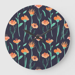 Fantasy Orange Flowers: Watercolor Dark Pattern. Large Clock