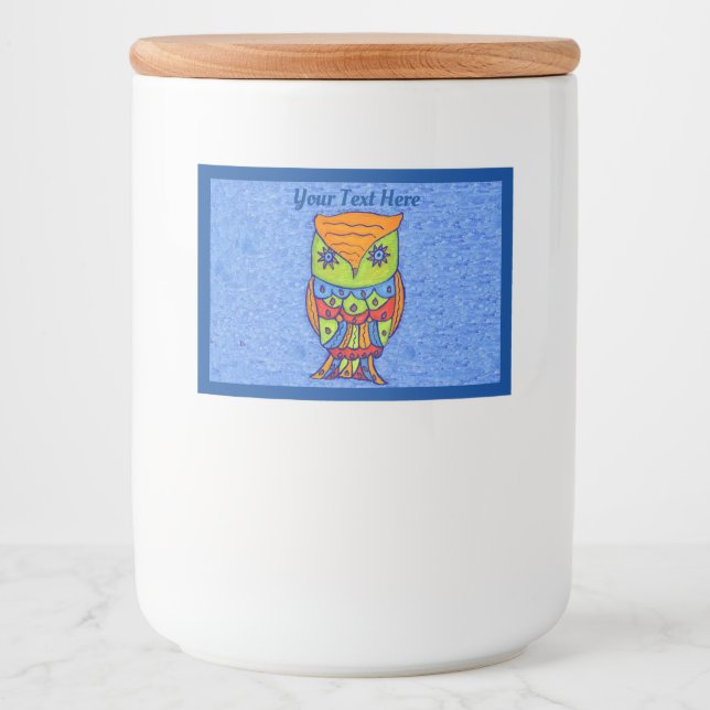 Fantasy Owl in Neon Colours on Mixed Shades of Blu Food Label (Front)