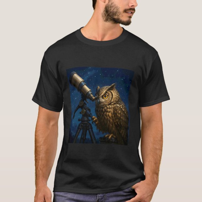 Fantasy Owl Telescope Night T-Shirt (Front)