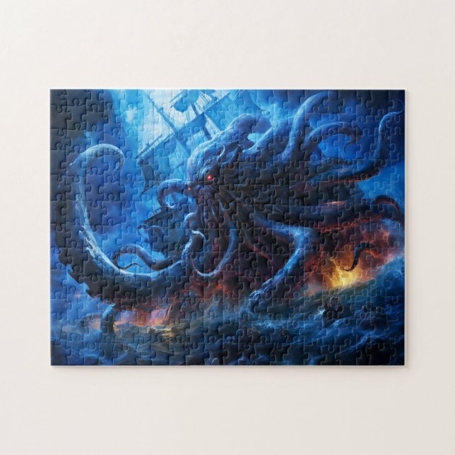 Fantasy Painting Kraken Attacking Ship at Sea Jigsaw Puzzle (Horizontal)