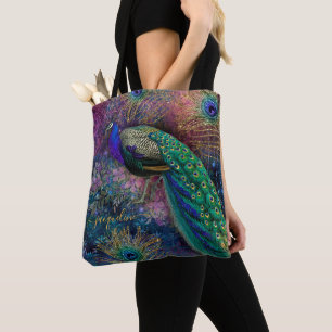 Fantasy Peacock Gold Glitter Feathers Script Name Tote Bag