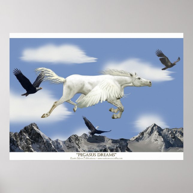 Fantasy Pegasus Flying Horse and Eagle Mountains Poster (Front)