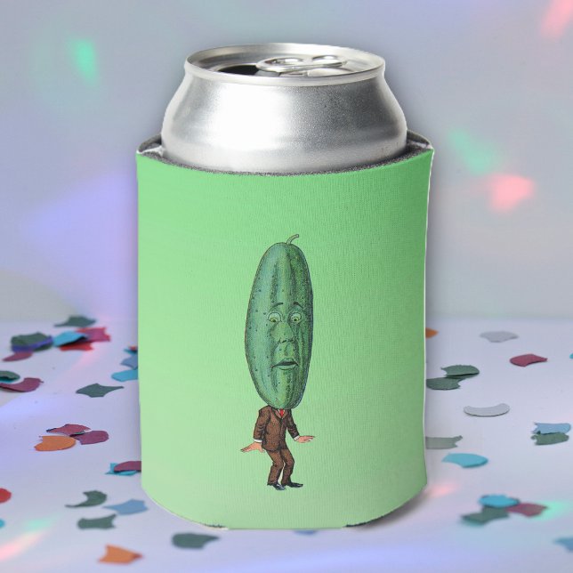 Fantasy Pickle Man Brown Suit Can Cooler (Cool man brown suit with big green pickle head with face on green drink can cooler.)