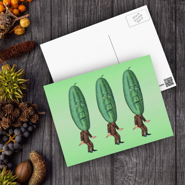 Fantasy Pickle Man Brown Suit Postcard (Three funny men in suits with big green pickle heads with faces on green postcard.)