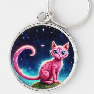 Fantasy pink cat in magic starry night forest key ring