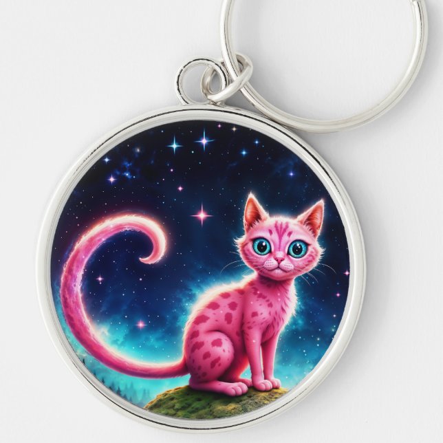 Fantasy pink cat in magic starry night forest key ring (Front)