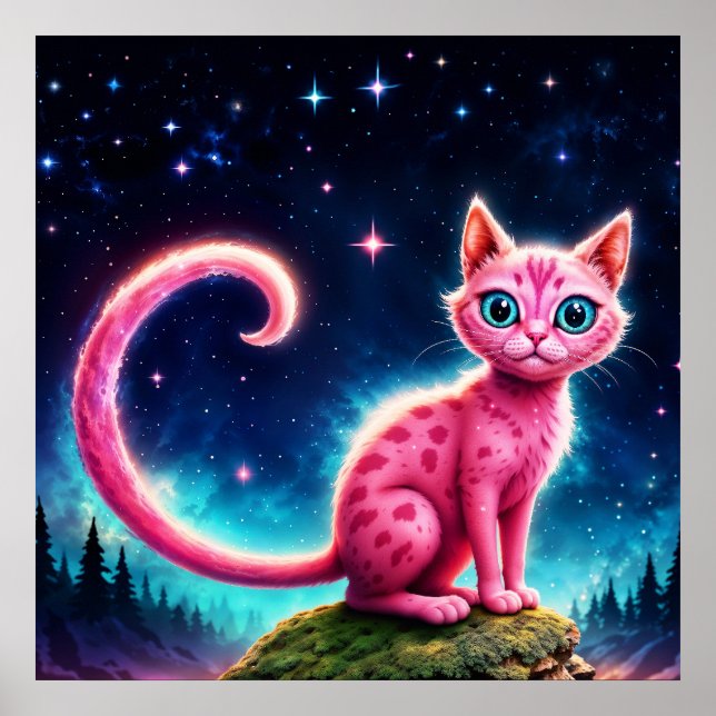 Fantasy pink cat in magic starry night forest poster (Front)