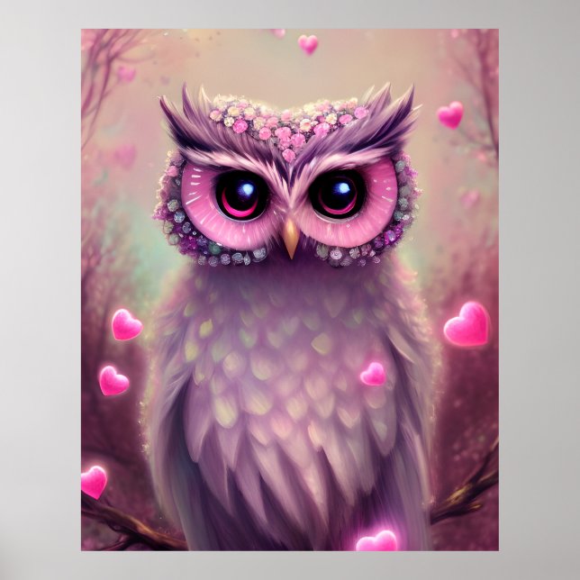 Fantasy Pink Fluffy Kawaii Owl Poster (Front)