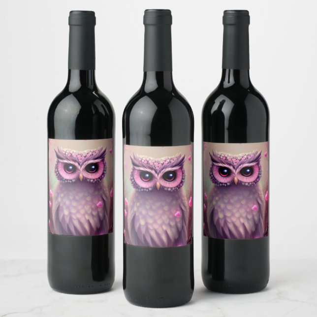 Fantasy Pink Fluffy Kawaii Owl  Wine Label (Bottles)