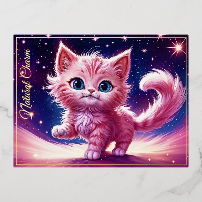 Fantasy pink fluffy kitten bright blue eyes art foil holiday postcard (Front)