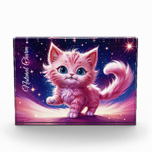 Fantasy pink fluffy kitten bright blue eyes art photo block