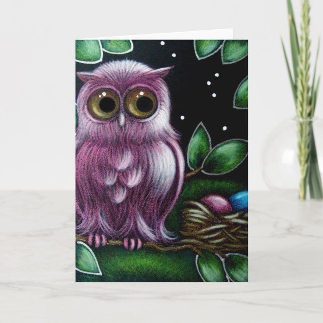 Fantasy Pink Owl & Easter Eggs Card (Front)