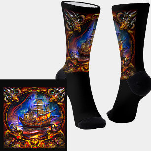 Fantasy Pirate Ship Under Attack through Porthole Socks