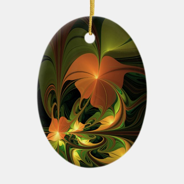 Fantasy Plant Abstract Green Rust Brown Fractal Ceramic Ornament (Front)