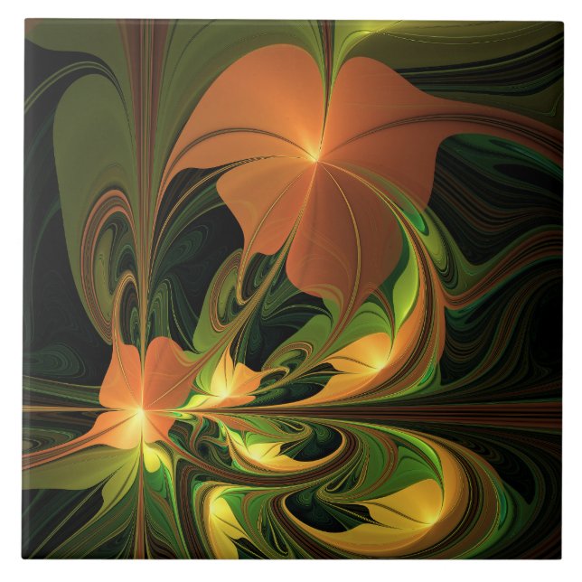 Fantasy Plant Abstract Green Rust Brown Fractal Ceramic Tile (Front)