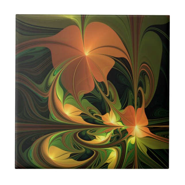 Fantasy Plant Abstract Green Rust Brown Fractal Ceramic Tile (Front)
