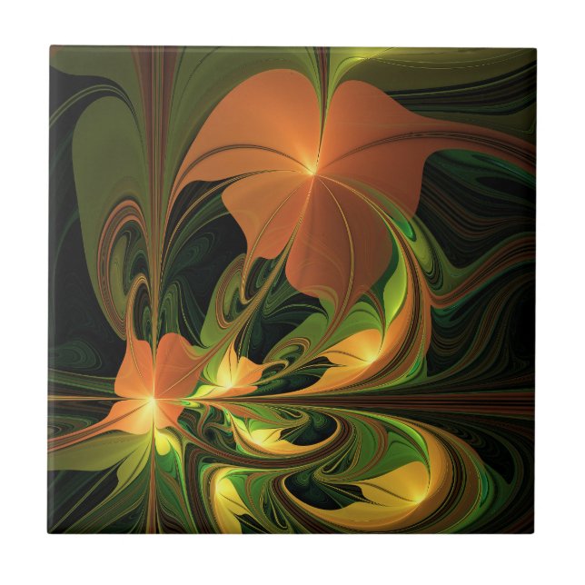 Fantasy Plant Abstract Green Rust Brown Fractal Ceramic Tile (Front)