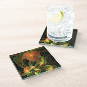 Fantasy Plant Abstract Green Rust Brown Fractal Glass Coaster