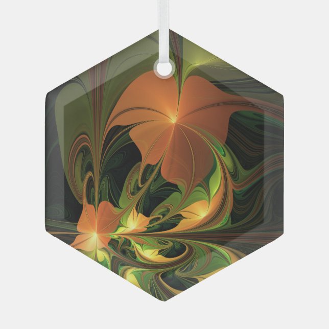 Fantasy Plant Abstract Green Rust Brown Fractal Glass Tree Decoration (Front)