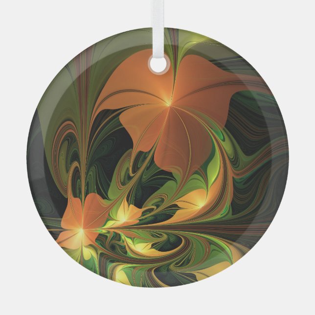 Fantasy Plant Abstract Green Rust Brown Fractal Glass Tree Decoration (Front)