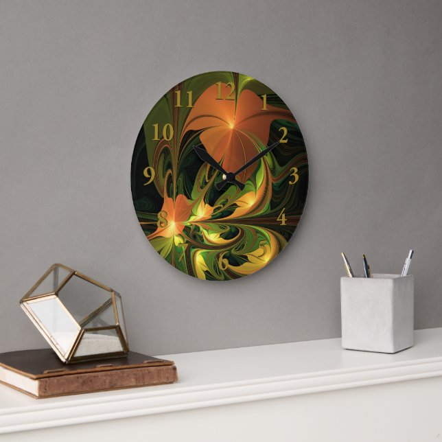 Fantasy Plant Abstract Green Rust Brown Fractal Large Clock (Office)