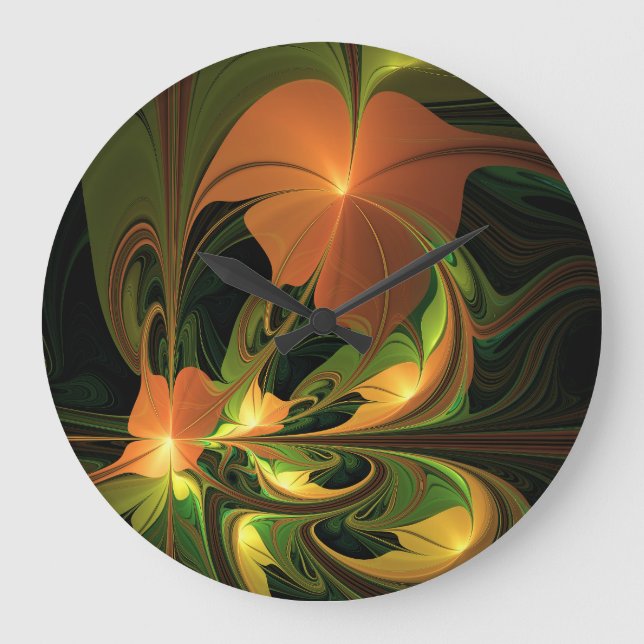 Fantasy Plant Abstract Green Rust Brown Fractal Large Clock (Front)