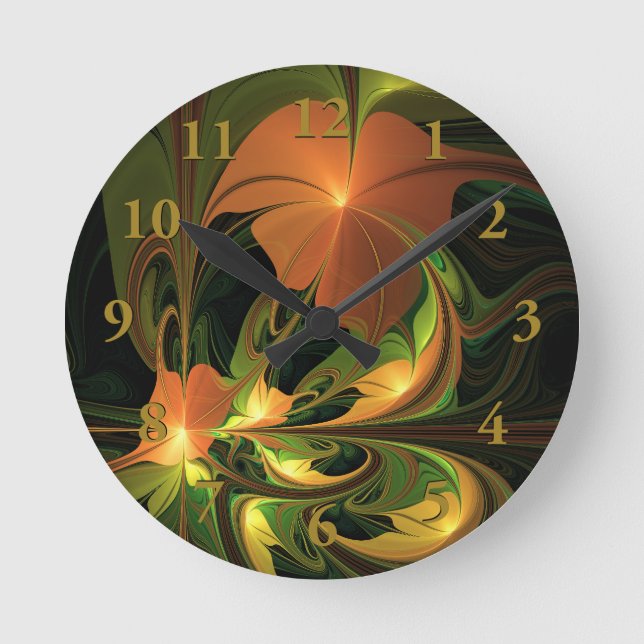 Fantasy Plant Abstract Green Rust Brown Fractal Round Clock (Front)