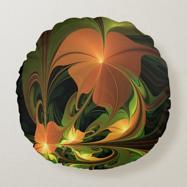 Fantasy Plant Abstract Green Rust Brown Fractal Round Cushion (Front)