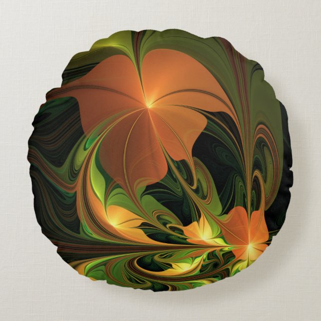 Fantasy Plant Abstract Green Rust Brown Fractal Round Cushion (Front)