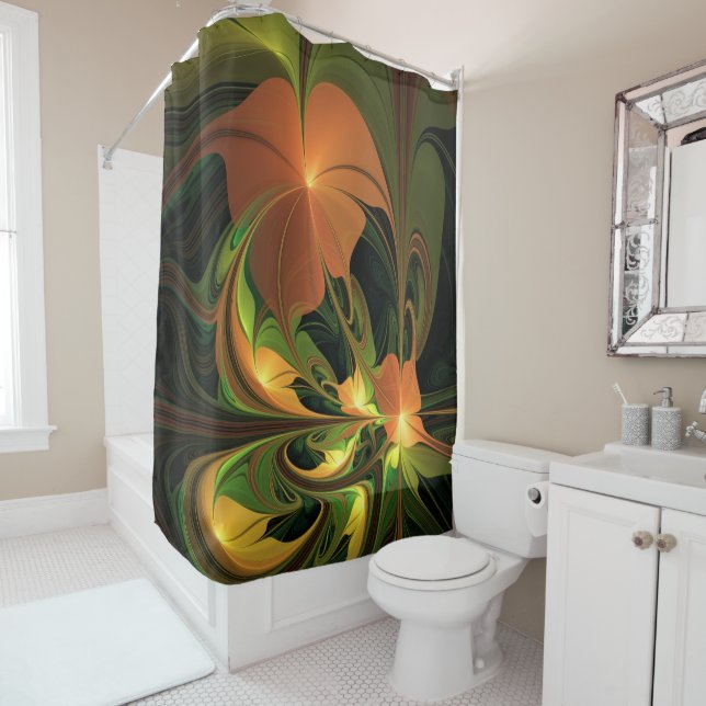 Fantasy Plant Abstract Green Rust Brown Fractal Shower Curtain (In Situ)