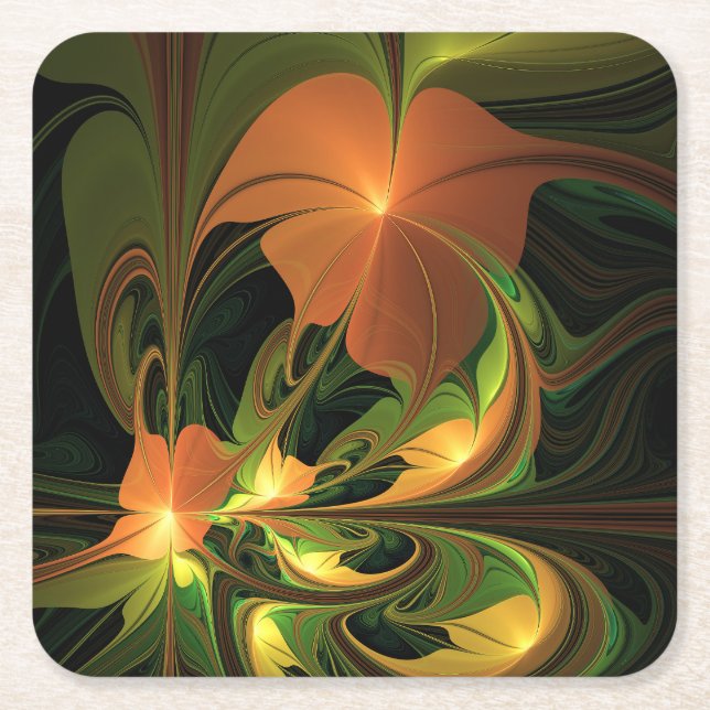Fantasy Plant Abstract Green Rust Brown Fractal Square Paper Coaster (Front)