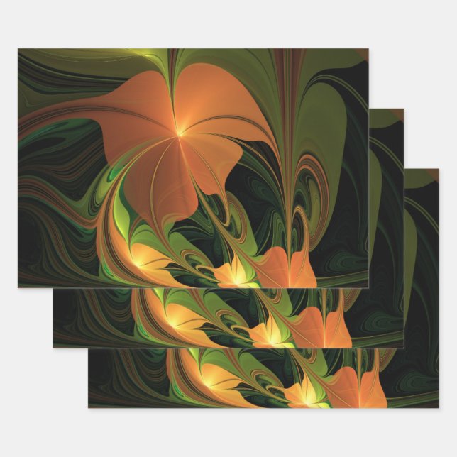 Fantasy Plant Abstract Green Rust Brown Fractal Wrapping Paper Sheet (Set)