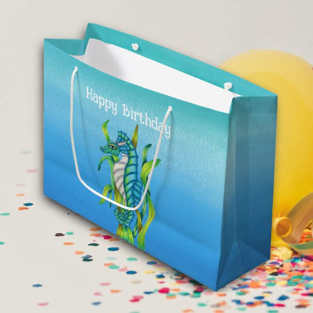 Fantasy Pretty Aqua Blue Seahorse Seaweed Birthday Large Gift Bag (Fantasy sea dragon with horns in bright aqua blue holding seaweed on blue Birthday gift bag.)