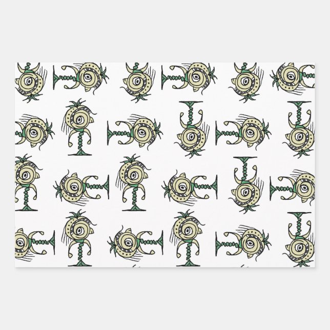 Fantasy proud alien robot cartoon motif pattern wrapping paper sheet (Front)
